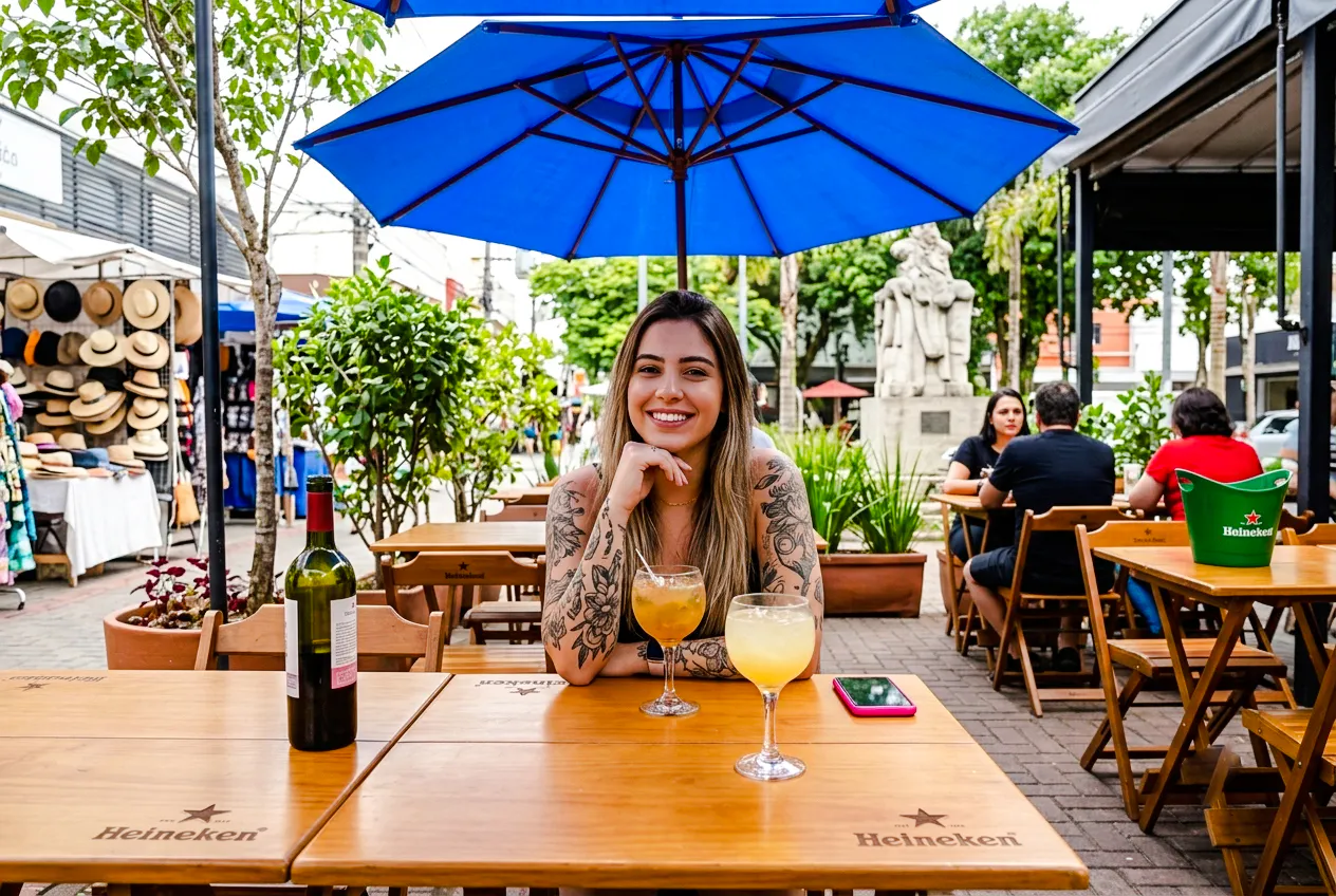 Woman enjoying drinks at an outdoor café in Rio de Janeiro, with a market and statue nearby.