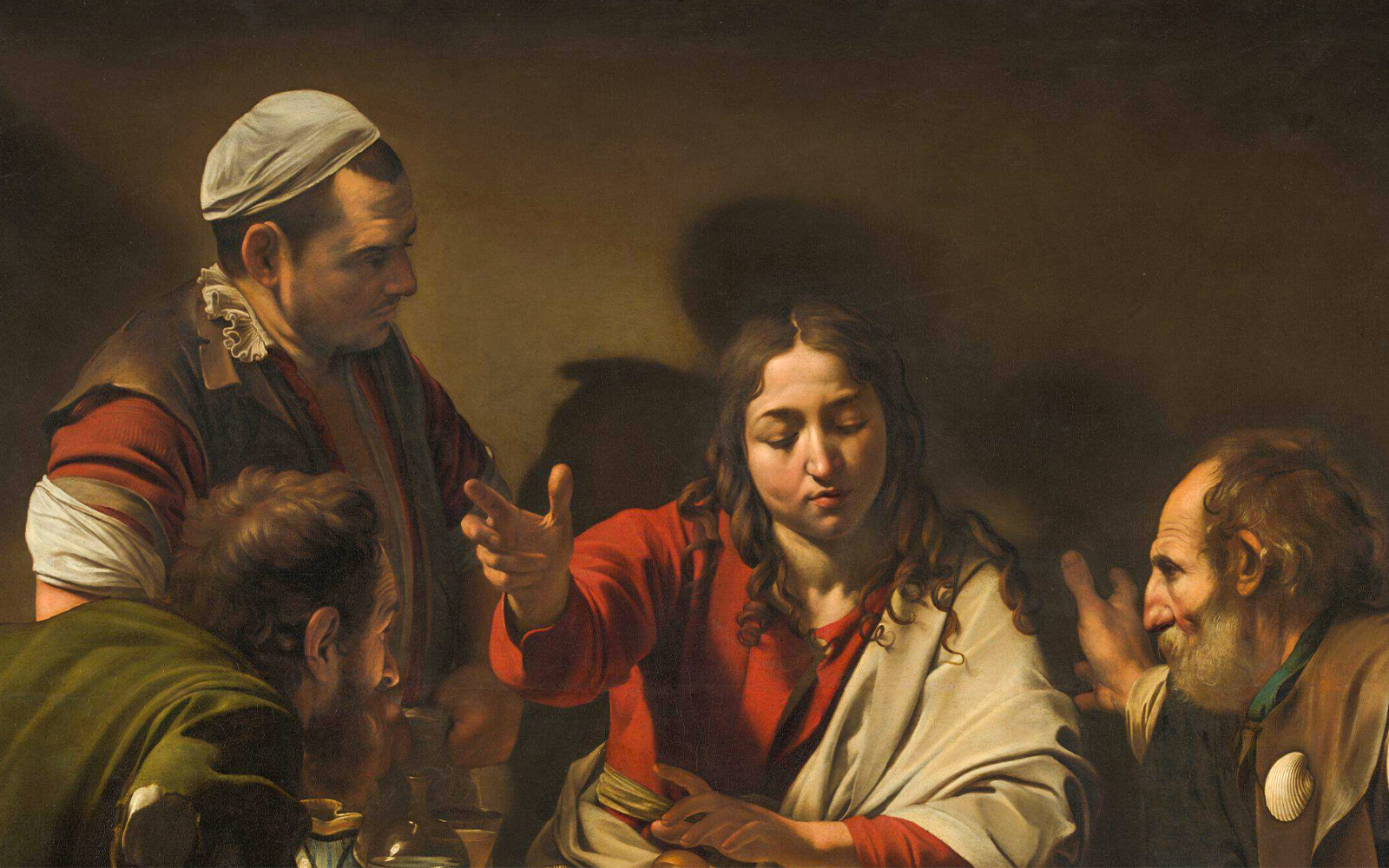 Four men engaged in conversation at a table, depicted in "Supper at Emmaus" by Michelangelo.