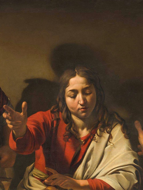 Four men engaged in conversation at a table, depicted in "Supper at Emmaus" by Michelangelo.