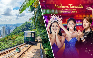 Peak Tram ascending Hong Kong's Victoria Peak with skyline view; Madame Tussauds Hong Kong wax figures.