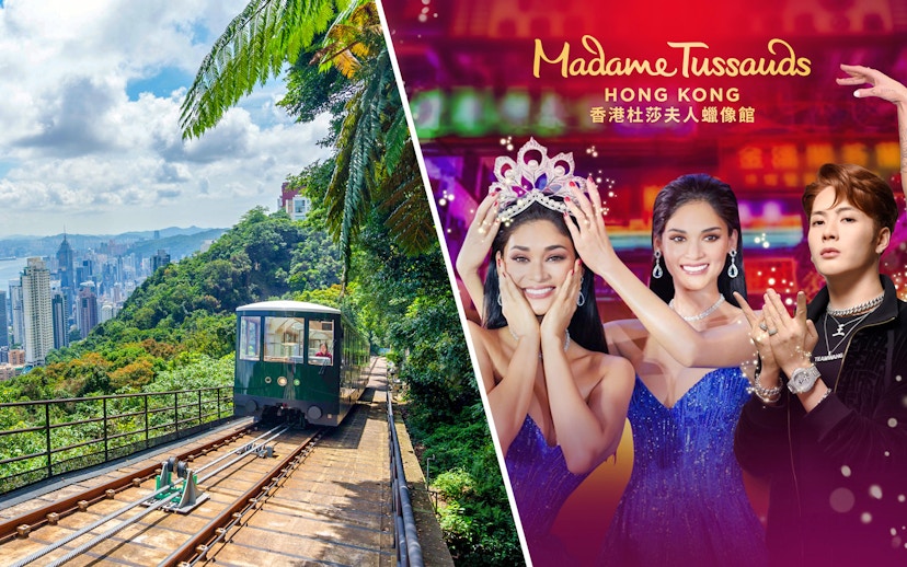 Peak Tram ascending Hong Kong's Victoria Peak with skyline view; Madame Tussauds Hong Kong wax figures.