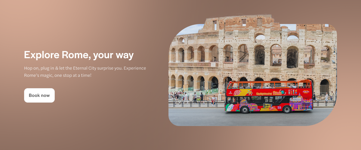 Open-top tour bus in front of the Colosseum, Rome.