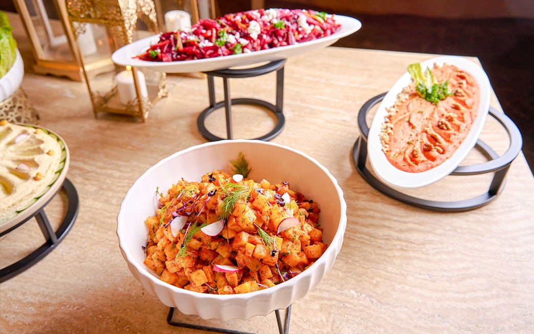 Assorted dishes served at Noble Camp Desert Safari, featuring salads and dips.