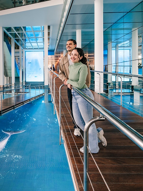 Tourists enjoying the view of the aquarium pool at Barcelona Aquarium.
