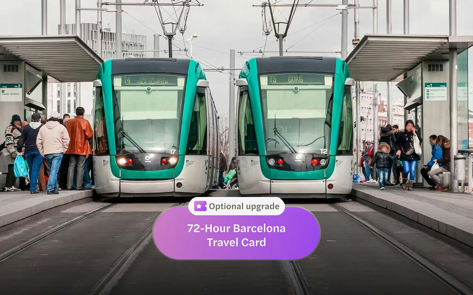Tourists boarding trams at a Barcelona station with cityscape views.