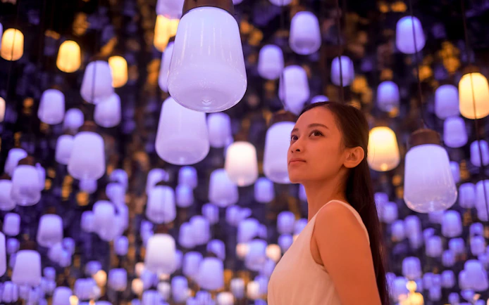 Person admiring illuminated lanterns at teamLab Biovortex, Kyoto Walking Tour.