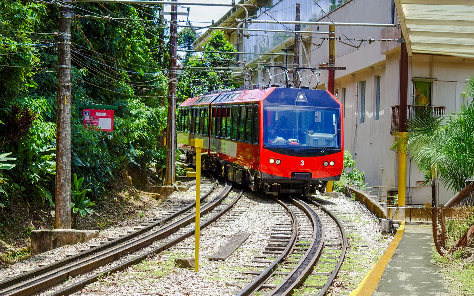 Red train on tracks surrounded by greenery, heading to Christ the Redeemer in Rio de Janeiro.