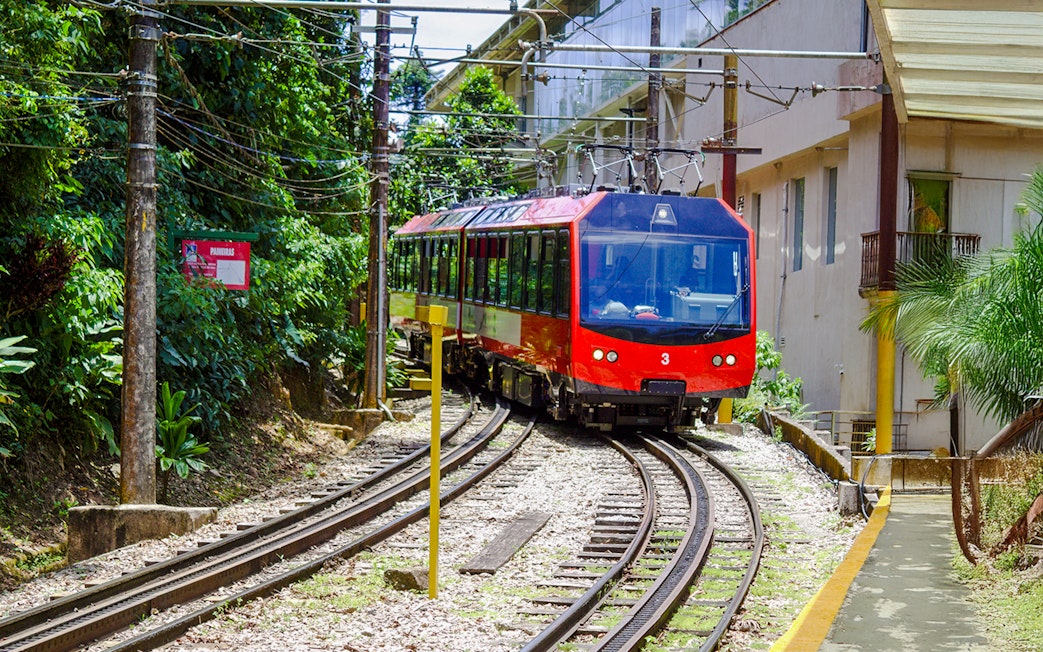 Red train on tracks surrounded by greenery, heading to Christ the Redeemer in Rio de Janeiro.