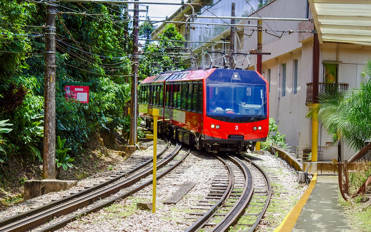 Red train on tracks surrounded by greenery, heading to Christ the Redeemer in Rio de Janeiro.