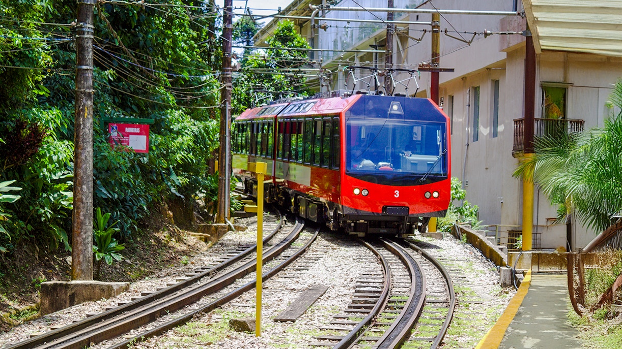 Red train on tracks surrounded by greenery, heading to Christ the Redeemer in Rio de Janeiro.