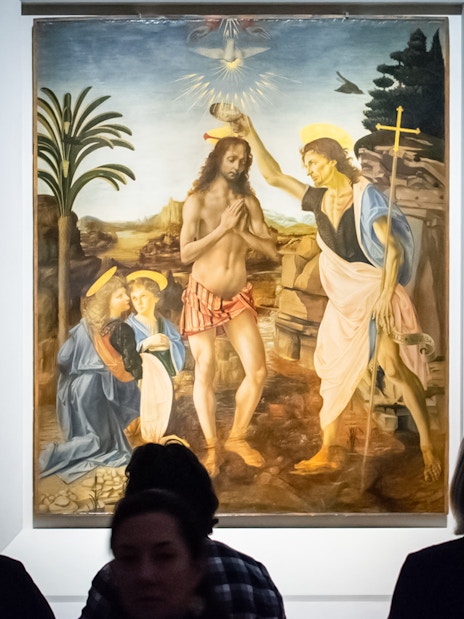 Painting of the Baptism of Christ at Uffizi Gallery, Florence.