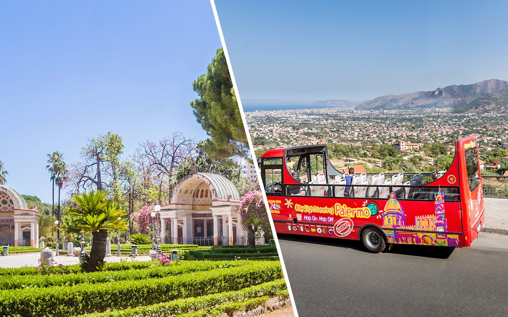 Botanical gardens with domed structures and a red Palermo hop-on hop-off bus overlooking the city.
