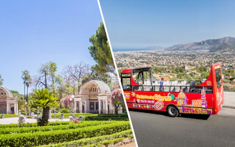 Botanical gardens with domed structures and a red Palermo hop-on hop-off bus overlooking the city.