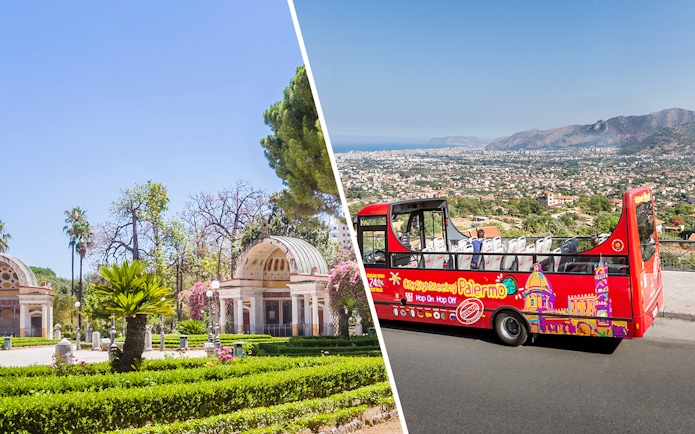 Botanical gardens with domed structures and a red Palermo hop-on hop-off bus overlooking the city.