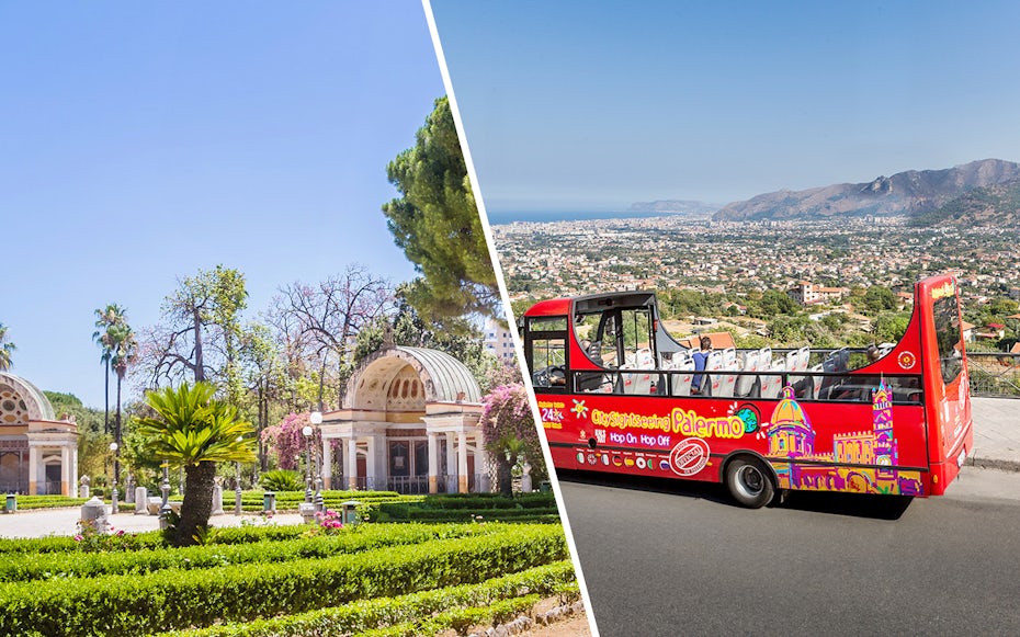 Botanical gardens with domed structures and a red Palermo hop-on hop-off bus overlooking the city.