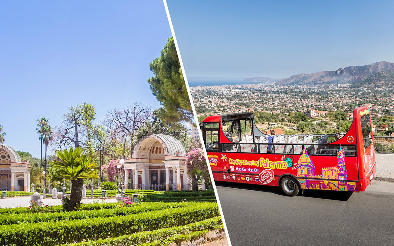 Botanical gardens with domed structures and a red Palermo hop-on hop-off bus overlooking the city.