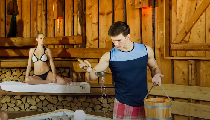 Bavaria Sauna interior with wooden benches at Therme Bucuresti, Romania.
