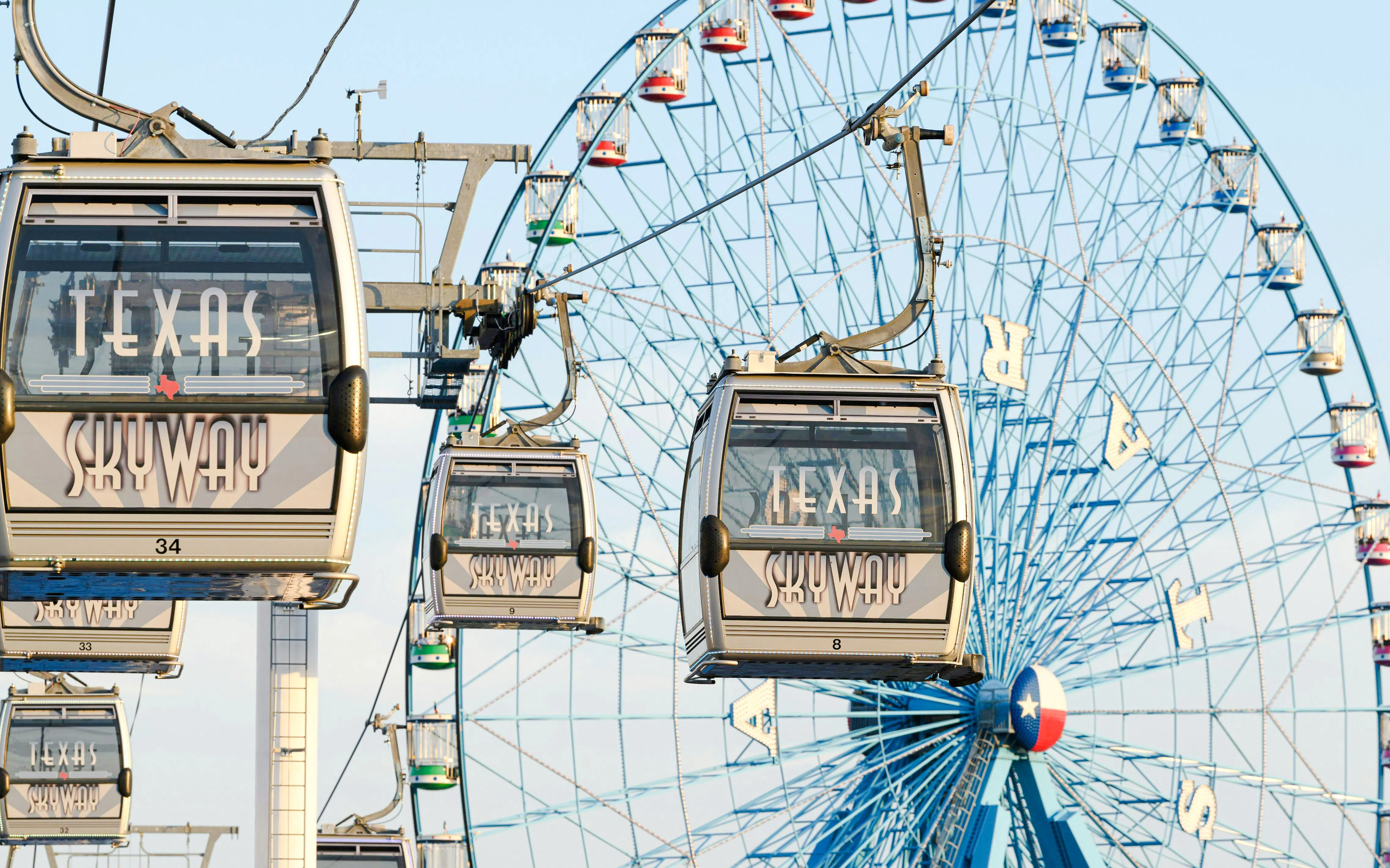 Texas Skyway gondolas with Ferris wheel at State Fair of Texas.
