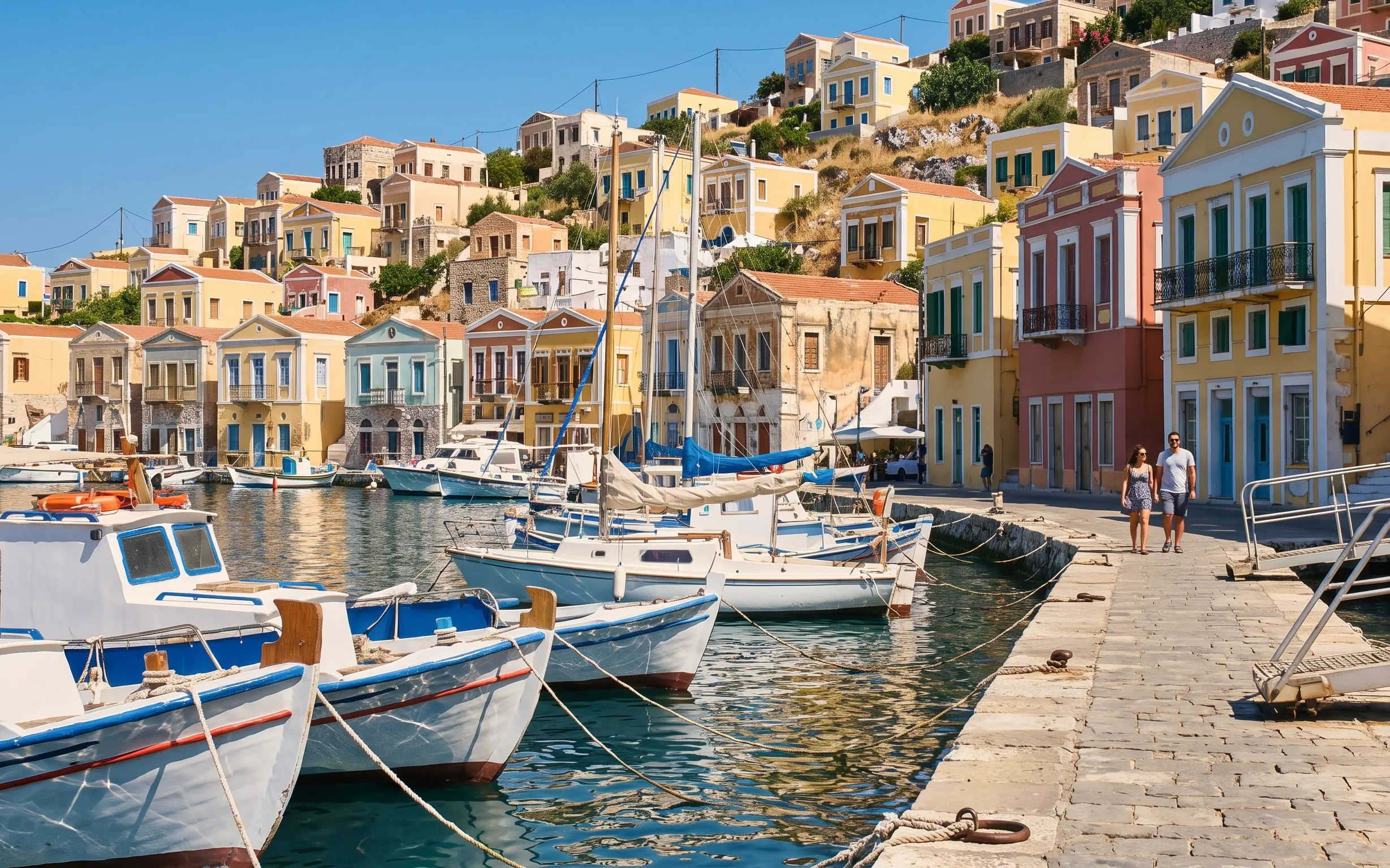 Boats docked at Gialos harbor with colorful buildings on Symi Island, Greece.