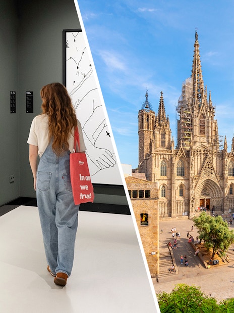 Moco Museum visitor viewing Banksy artworks; Barcelona Cathedral exterior.