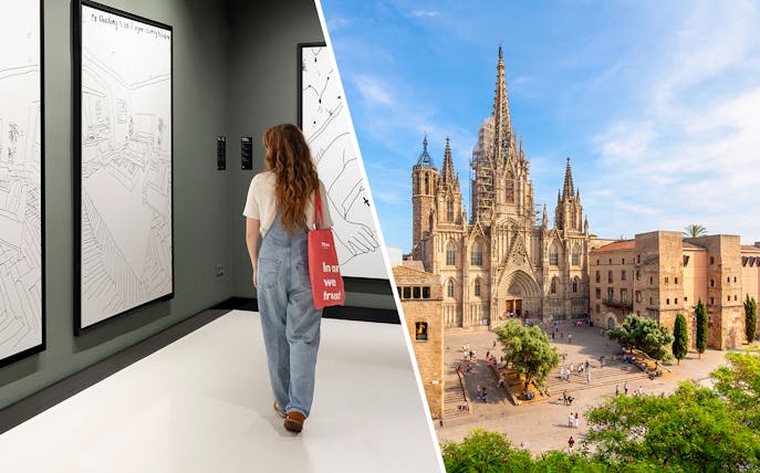 Moco Museum visitor viewing Banksy artworks; Barcelona Cathedral exterior.