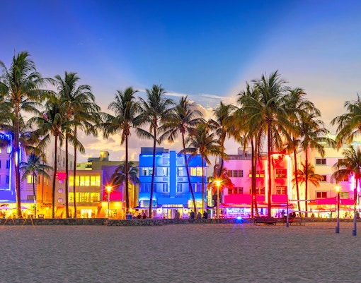 South Beach Ocean Drive, illuminated Art Deco buildings at night with palm trees.