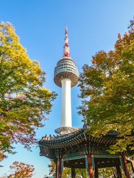 Namsan Seoul Tower rising above colorful autumn trees in Seoul, South Korea.