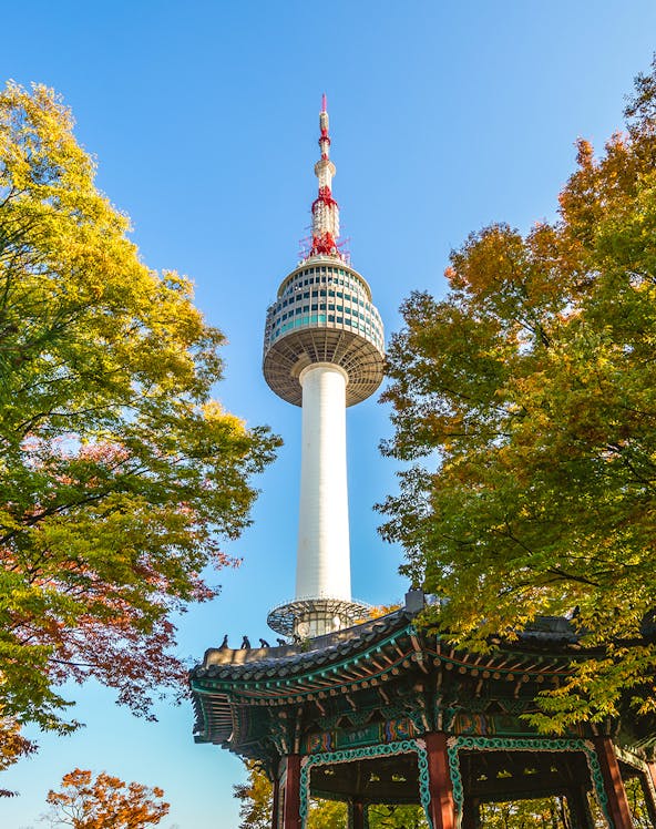 Namsan Seoul Tower rising above colorful autumn trees in Seoul, South Korea.