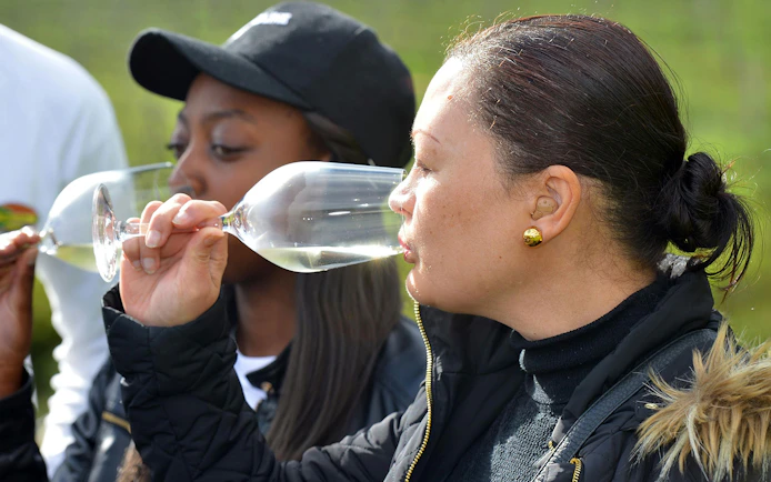 Tourists tasting wine at a vineyard in Constantia, South Africa.