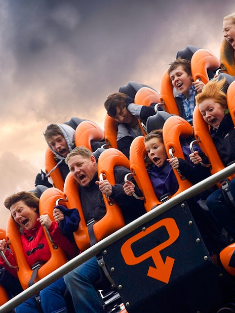 Riders experiencing the Oblivion roller coaster at Alton Towers.