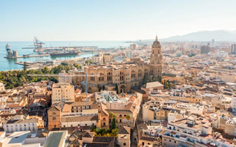 Aerial view of Malaga Cathedral and cityscape near Alcazaba, Malaga, Spain.