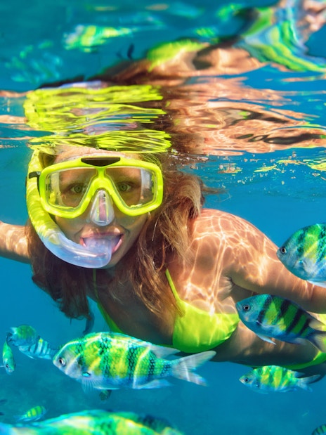 Woman snorkeling among colorful fish in clear tropical waters.