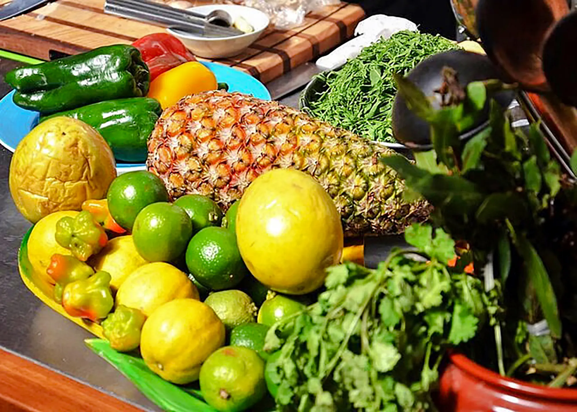 Fresh tropical fruits and vegetables for Brazilian cooking class in Copacabana, Rio de Janeiro.