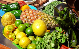 Fresh tropical fruits and vegetables for Brazilian cooking class in Copacabana, Rio de Janeiro.