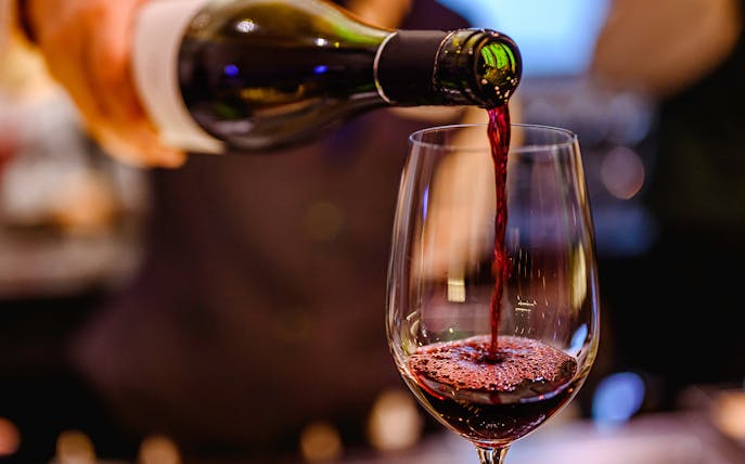 Pouring red wine into a glass at a wine tasting event.
