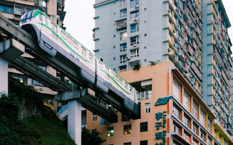 Monorail passing through residential building in Chongqing, China.