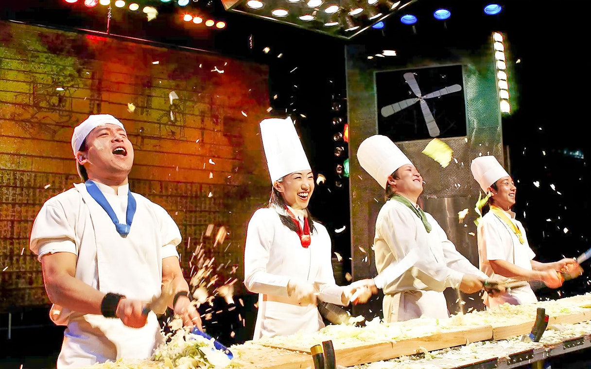 Chefs performing with knives at Jeju Nanta Musical Show.