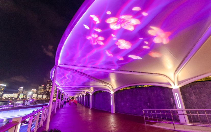 Illuminated walkway with floral projections leading to Oriental Pearl Tower cruise port, Shanghai.