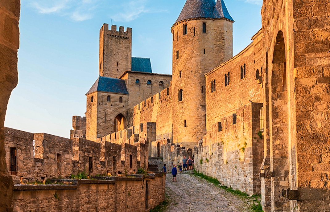 Medieval fortress walls and towers in Carcassonne, Aude, Occitanie.