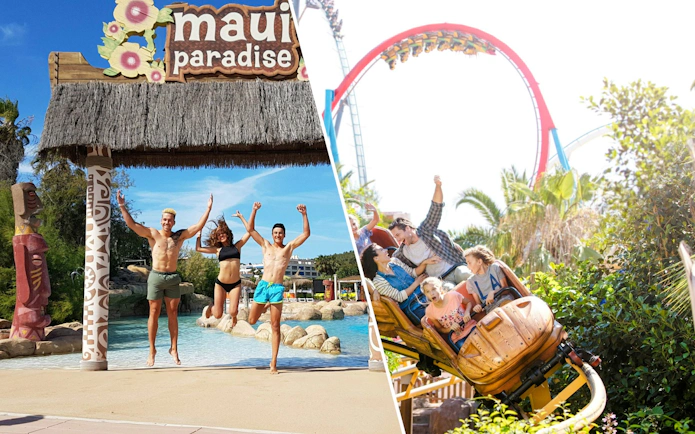 Visitors enjoying Maui Paradise at Aquopolis Costa Daurada and Tami Ride at PortAventura, Tarragona.
