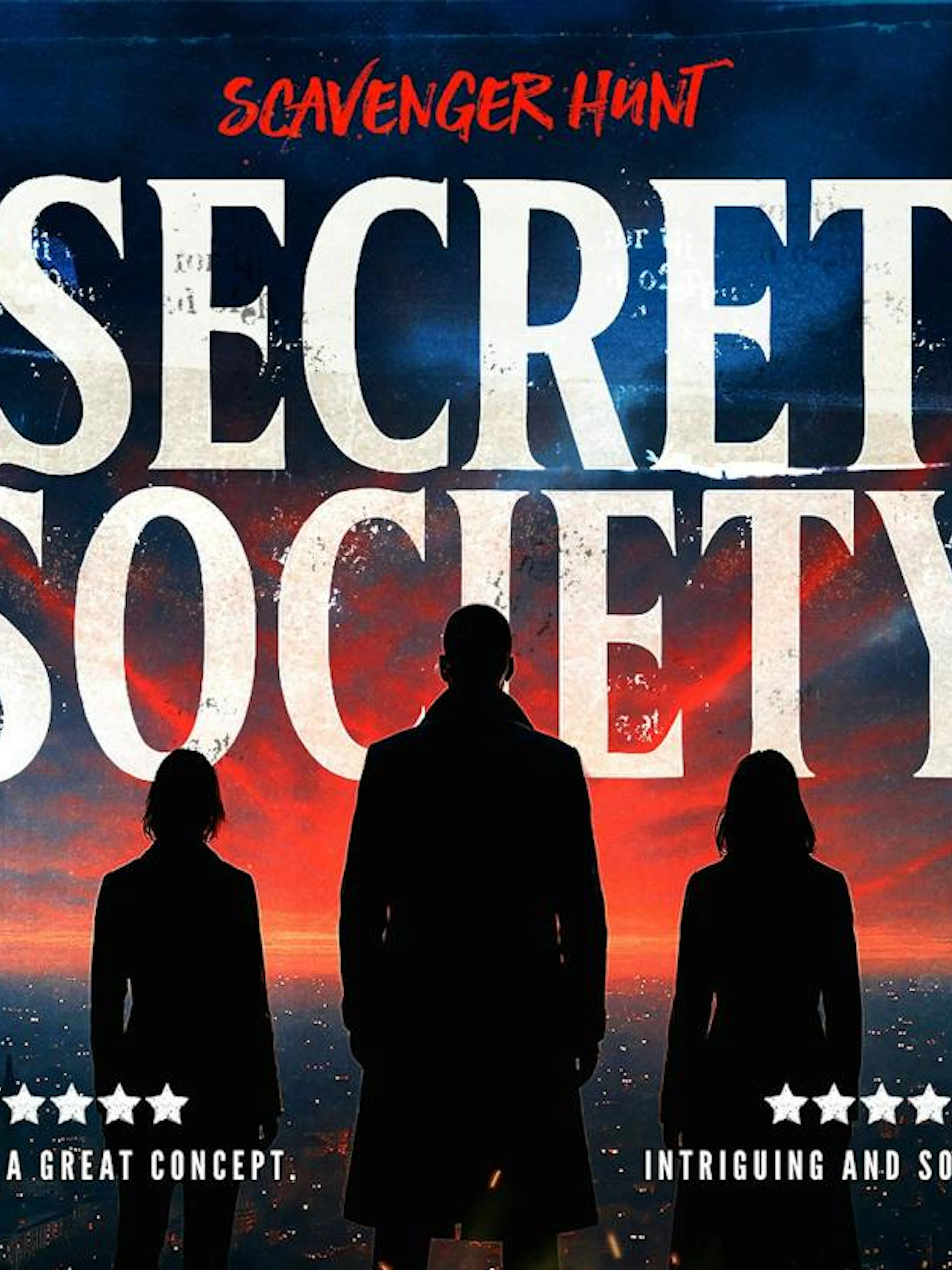 Dublin Secret Society Mystery game poster with silhouettes against a sunset.