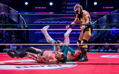 Wrestlers in action at Arena Mexico Lucha Libre event.