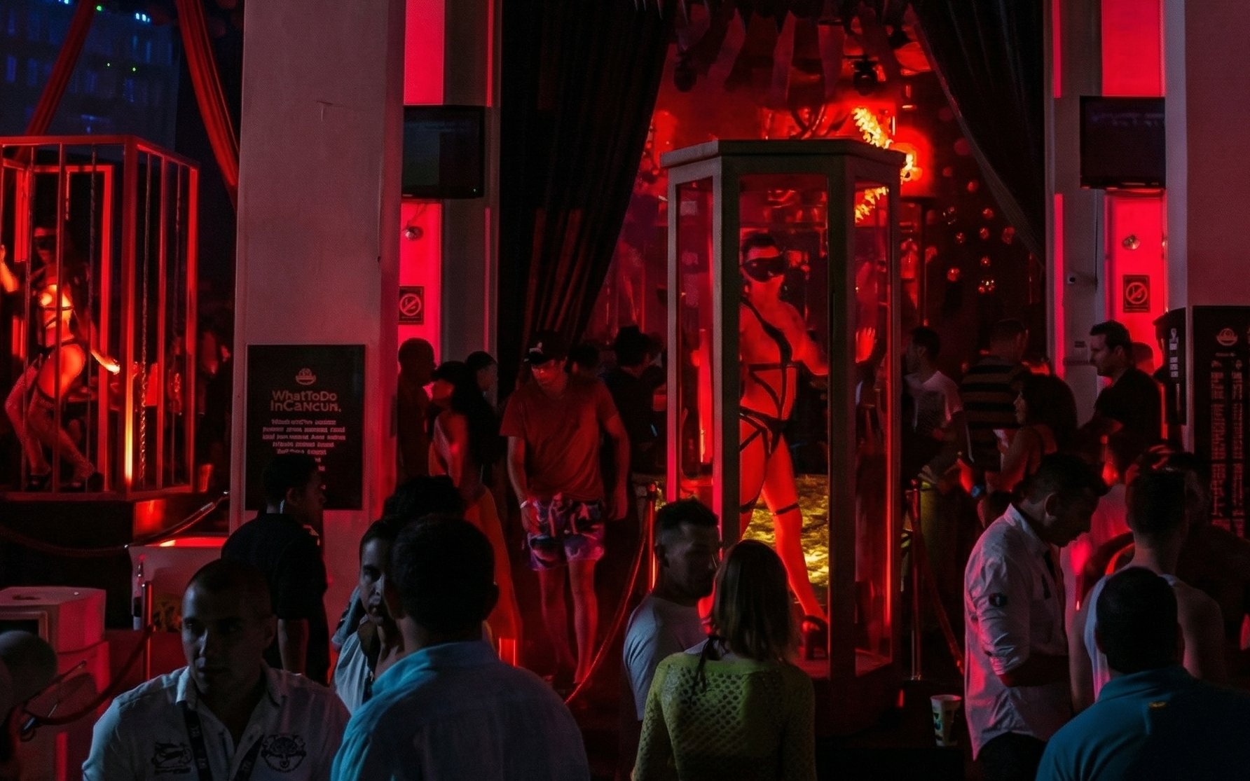 Crowded dance floor with vibrant red lighting at Mandala Nightclub Cancun.