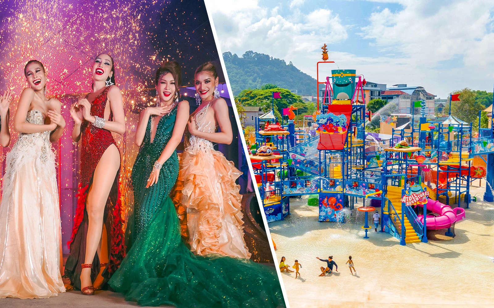 Performers in vibrant costumes at Simon Cabaret Show, Phuket, with fireworks in the background.