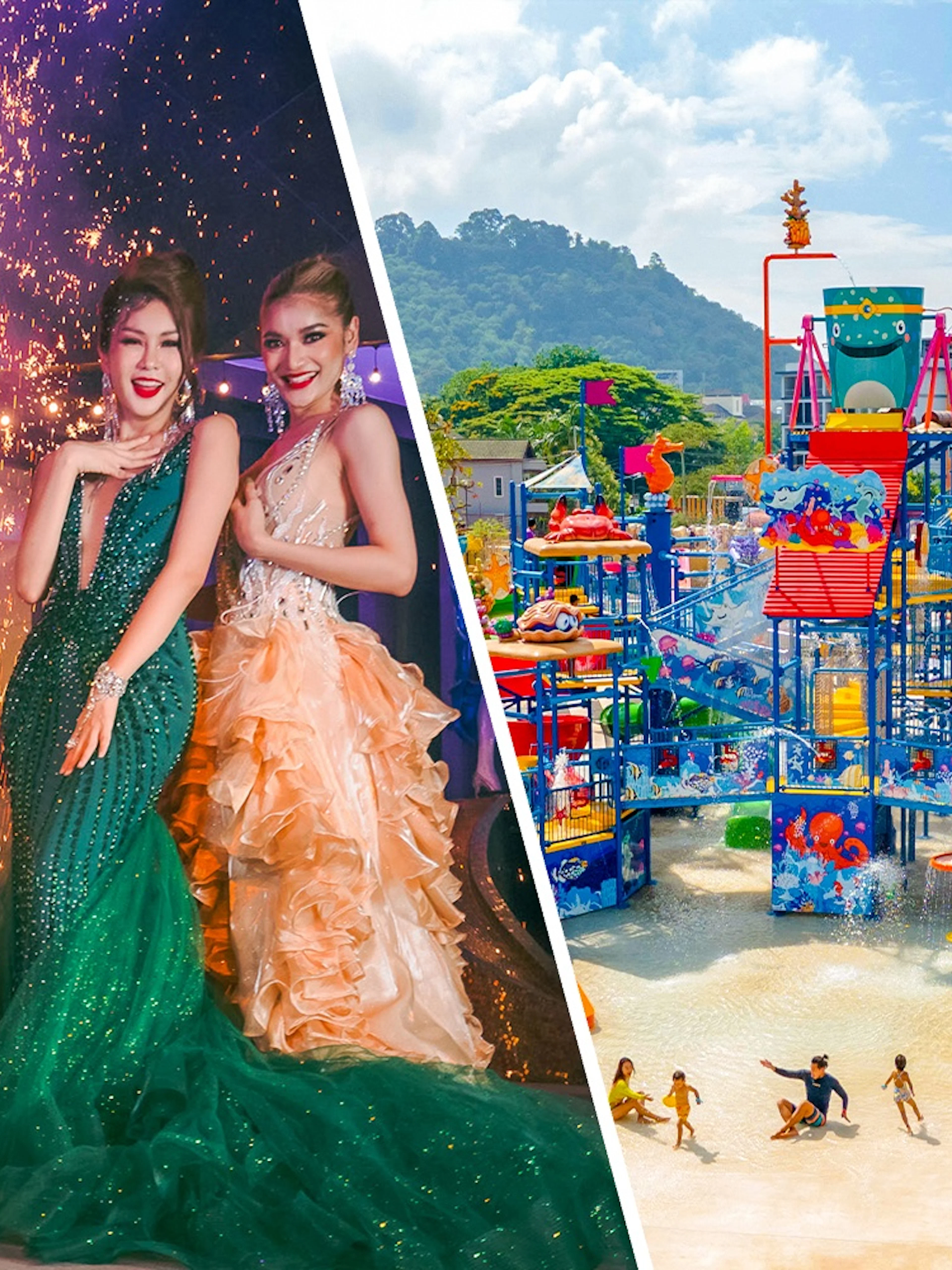 Performers in vibrant costumes at Simon Cabaret Show, Phuket, with fireworks in the background.
