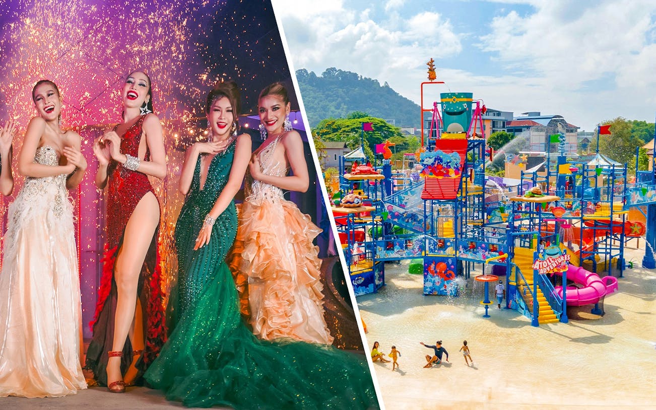 Performers in vibrant costumes at Simon Cabaret Show, Phuket, with fireworks in the background.