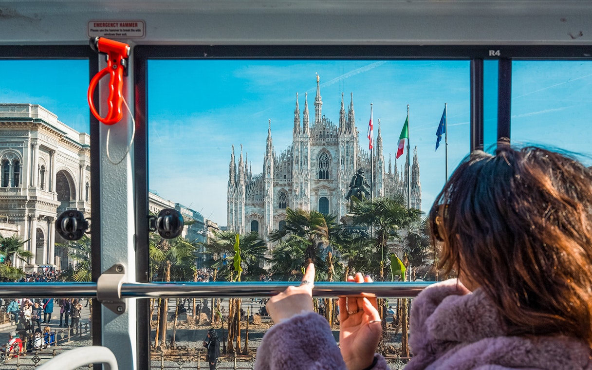 Hop-on hop-off bus view of Milan Cathedral, Italy.