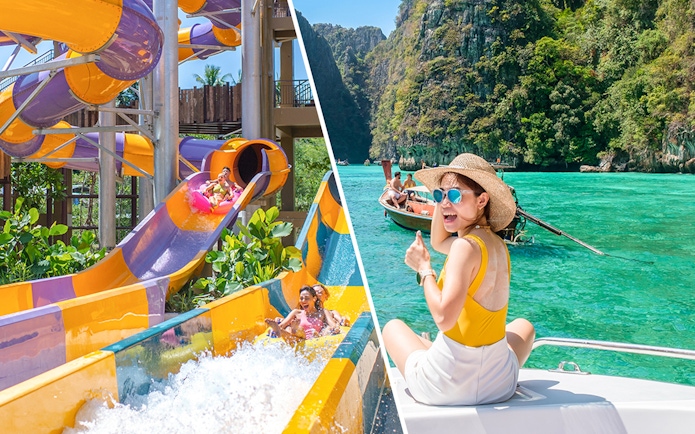 Water slide at Andamanda and tourist on speedboat near Phi Phi Islands.