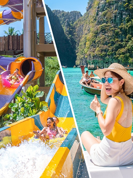 Water slide at Andamanda and tourist on speedboat near Phi Phi Islands.