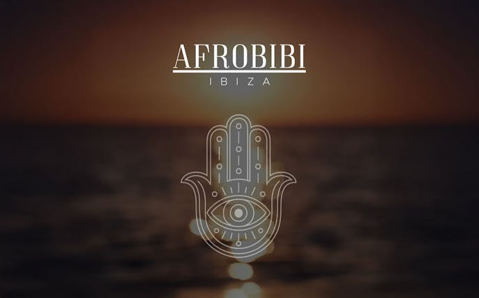 Afrobibi logo over Ibiza sunset with Hamsa symbol